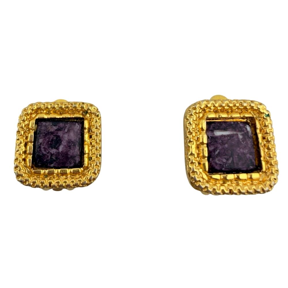 Vintage 1980s 1990s Purple Faux Stone Square Bezel Gold Tone Clip On Earrings